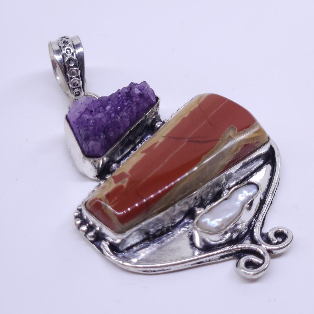 Bold Tiger’s Eye, Freshwater Pearl & Hot Pink Agate Sterling Silver Pendant